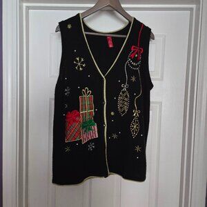 Festive Christmas Sweater Vest XL | Black Gold Trim with Gifts & Ornaments